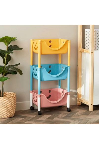 mastergold Kids Toy Storage Organizer Bins 3 Tier with Wheels Smiley Face Plastic Shelves and Baskets Storage