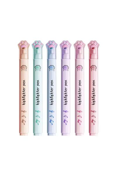 Fark Tanıtım Set of 6 Paw Highlighter Pens Cute Design, Pastel Colors, Bring Your Notes to Life