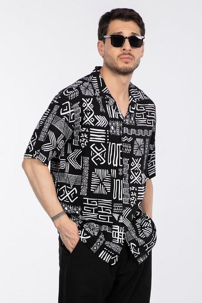 OIL PARK Men's Apache Collar Geometric Patterned Comfortable Fit 100% Cotton Viscose Shirt