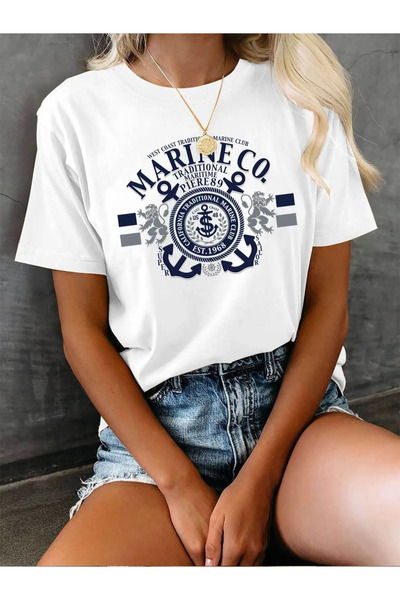 l'eivor Tricou din bumbac alb cu imprimeu pentru femei Marine Co