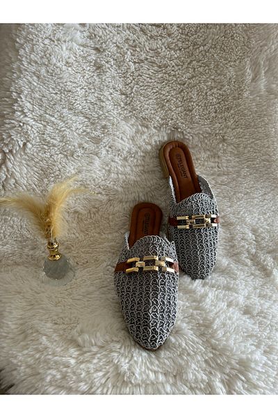 METİC Women's Lace Embroidered Chain House Slippers Outdoor Slippers