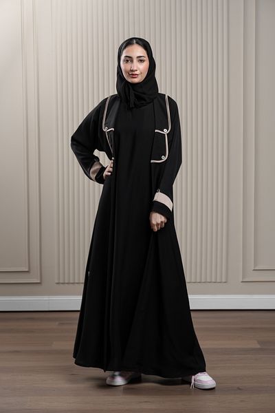 LAVİNİA Lavinia women abaya, internal wrap, 2 shoulder snaps, chest bib, silver cords/buttons.