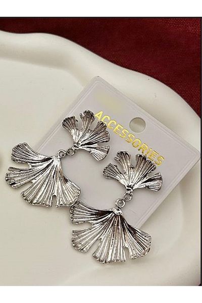 mos&more Silver Gingko Leaf Dangle Women's Earrings -Vintage Large