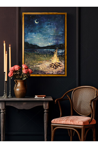 LOWHA لوحة فنية جدارية من القماش ممدودة على إطار خشبي عائم بألوان الخشب مع لوحة "نيران بجانب البحيرة"