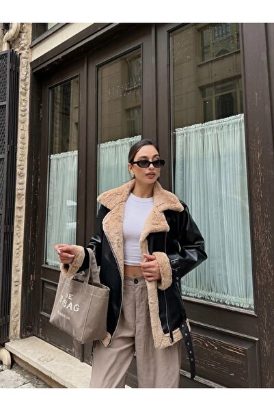 zoezoe KADIN İÇİ KÜRKLÜ DIŞI DERİ BİKER JACKET CEKET MONT HİJAP