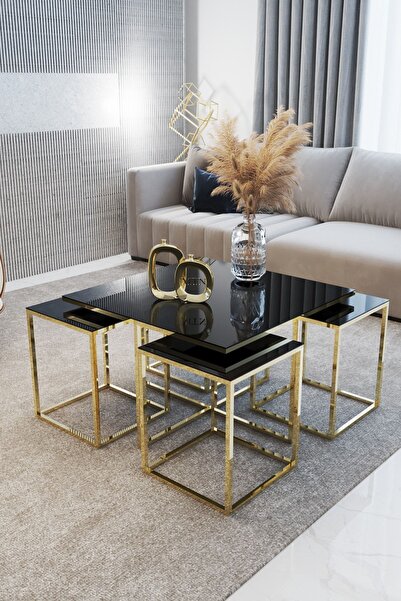 home plus mobilya Cakarta 5'li Gold Kaplama Siyah Aynalı Orta Sehpa & Zigon Sehpa & Yan Sehpa & Bohem Sehpa Takımı