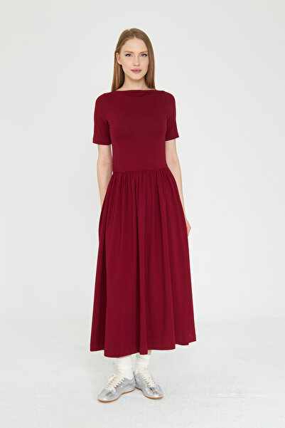 SevdeUgur Kadın Bordo Basic Yazlık Elbise Örme %100 Pamuklu