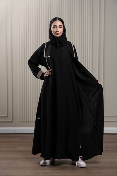 LAVİNİA Lavinia women abaya, internal wrap, 2 shoulder snaps, chest bib, silver cords/buttons.