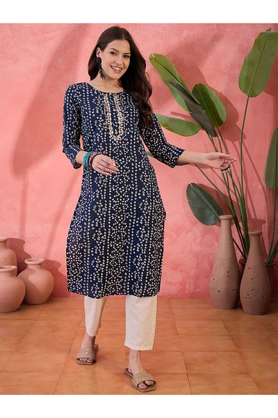 Sanskrutihomes By Styli Navy Blue Pure Cotton Printed Floral Kurta for Women
