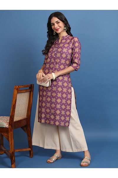 Vishudh By Styli Burgundy Ethnic Motifs Printed Mandarin Collar Straight Kurta