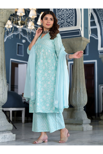 Vishudh By Styli Blue Cotton Floral Printed Kurta Set with Dupatta