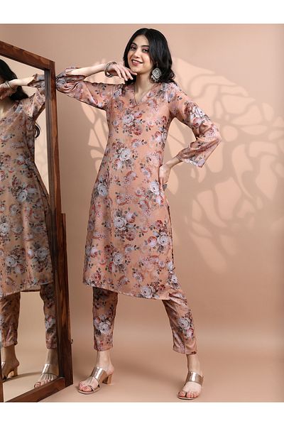 Vishudh By Styli Women Peach Floral Printed Kurta and Trousers Set