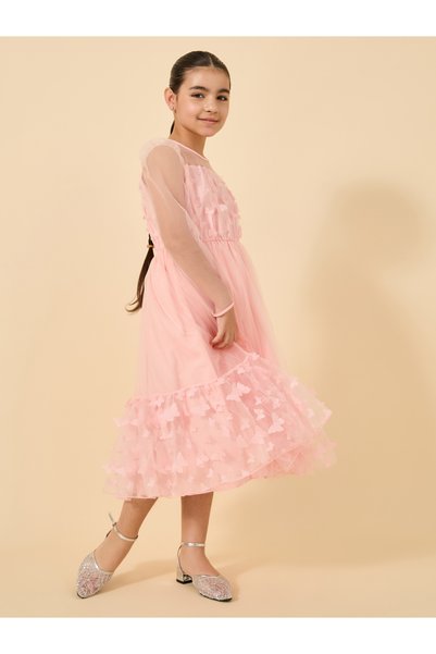 Styli Butterfly Appliques Mesh Insert Long Sleeve Dress