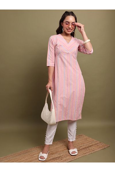 Vishudh By Styli Women Striped V-Neck Cotton Kurta