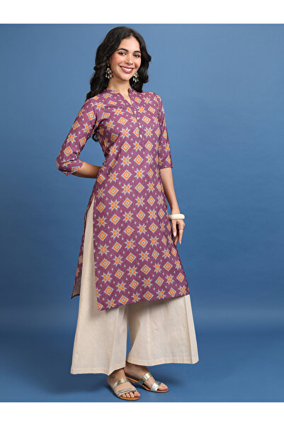 Vishudh By Styli Burgundy Ethnic Motifs Printed Mandarin Collar Straight Kurta