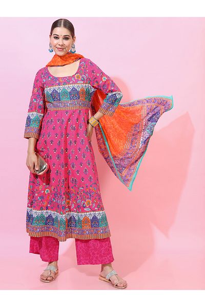 Vishudh By Styli Women Multicolored Printed Cotton Kurta Set with Dupatta