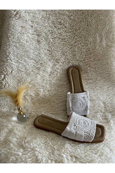 METİC Women's White Lace Comfortable Slippers Braided Embroidered Outdoor and Home Slippers