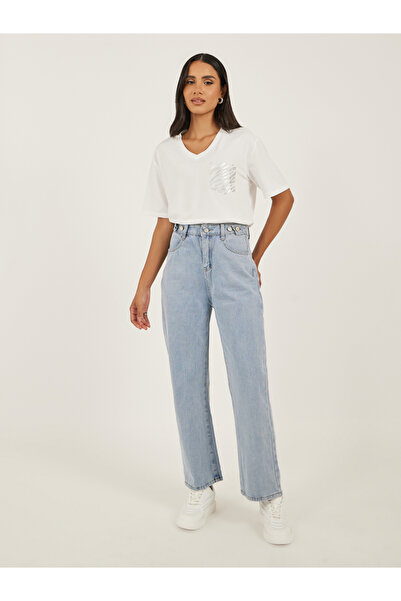 Styli بنطال جينز باهت بارتفاع متوسط وساق واسعة