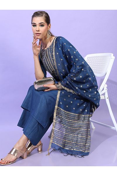 Vishudh By Styli Women Teal Embroidered Kurta Set with Dupatta