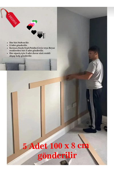 MİMES Iskandinav Duvar Çıtası 100 Cm X 8 Cm Beş Adet Dekoratif Boyanabilir Du...