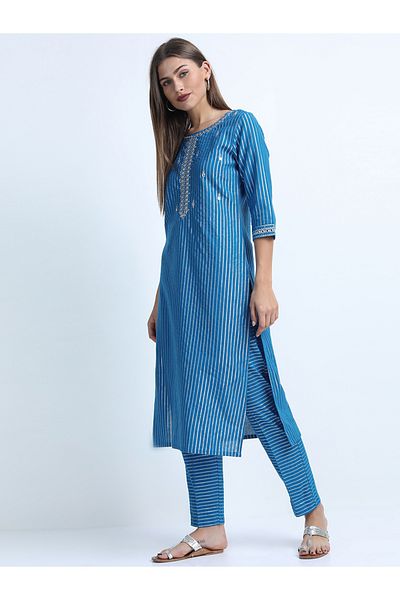 Vishudh By Styli Women Blue Striped Cotton Kurta Set