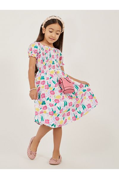 Styli Floral Print Smocked A-Line Dress