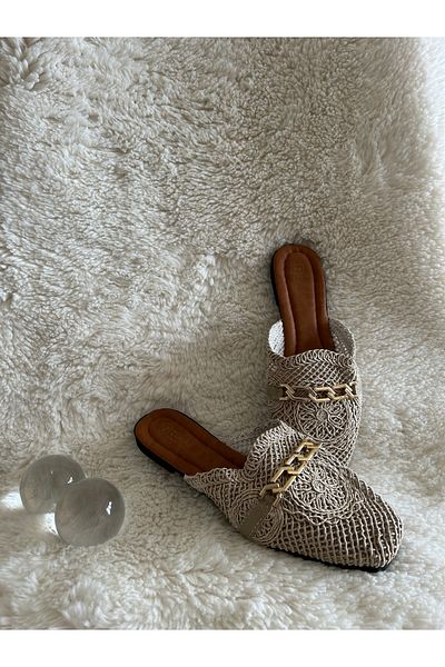 METİC Women's Closed Front Straw Slippers Beige Lace Embroidery