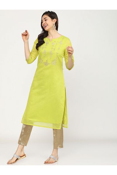 Vishudh By Styli Women Lime Green Embroidered Kurta