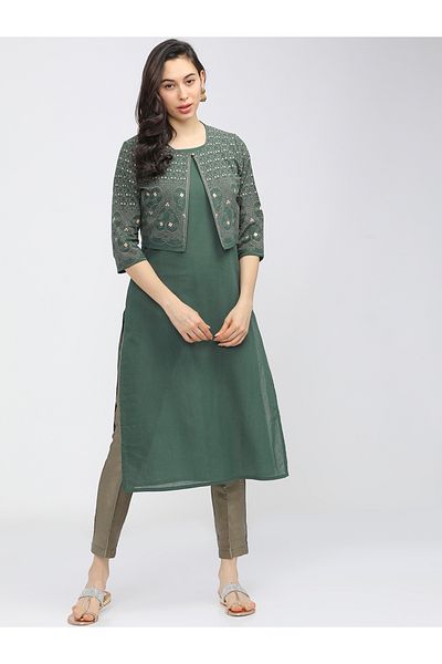 Vishudh By Styli Women Green Printed Kurta With Jacket