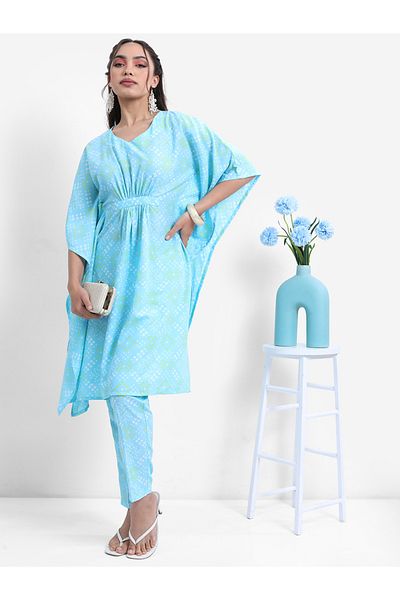 Vishudh By Styli Women Blue Printed Kaftan Set with Trousers