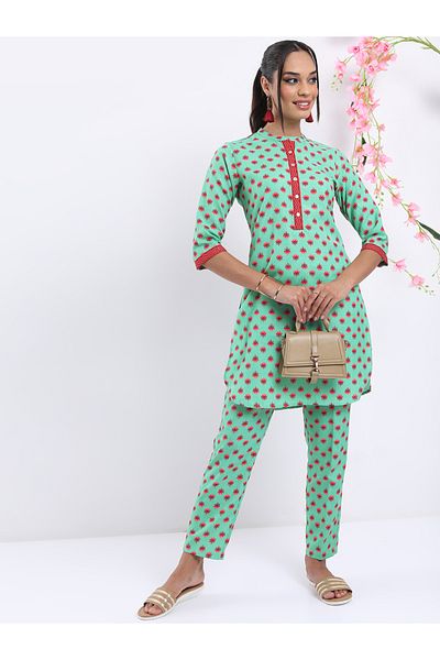 Vishudh By Styli Women Green Printed Kurta and Trouser Set