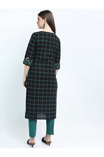 Vishudh By Styli Women Black & Teal Checked Cotton Kurta Set
