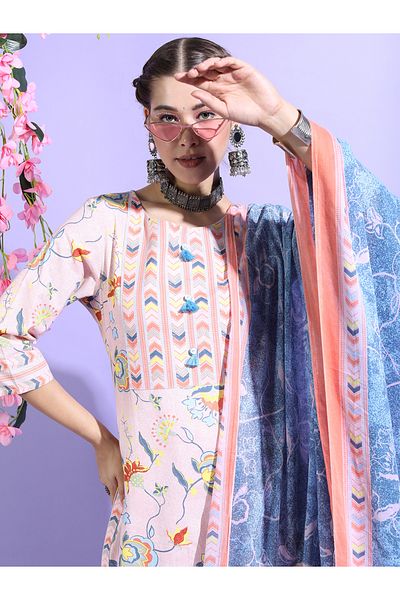 Vishudh By Styli Women Floral Cotton Kurta Set with Blue Dupatta
