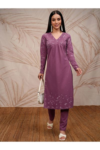 Vishudh By Styli Women Purple Embroidered Kurta Set