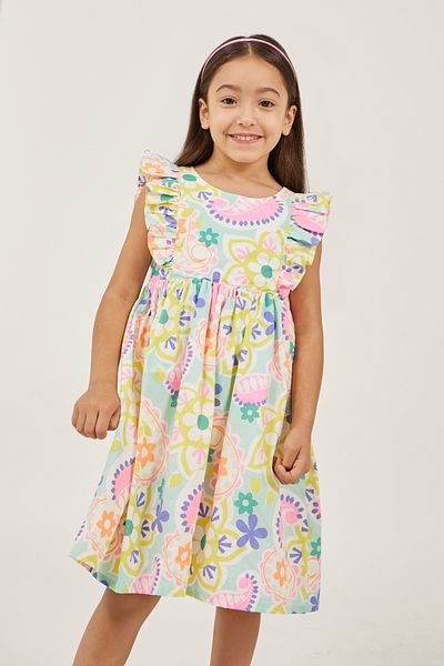 Styli All-Over Print Ruffled Trim A-Line Dress