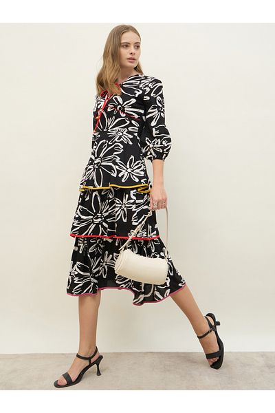 Styli All Over Floral Print Tie-Up Neck Tiered Midi Dress