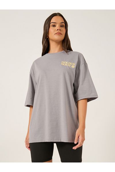 Styli Short Sleeve Oversized Round Neck Lurex Embroidered T-shirt