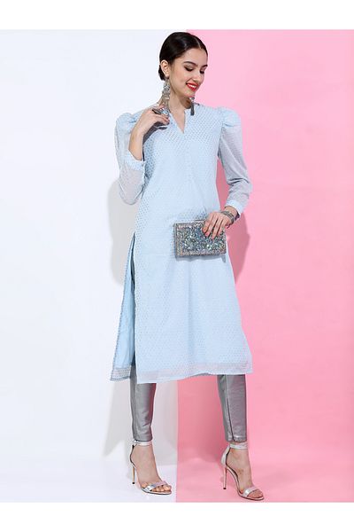 Vishudh By Styli Women Blue Floral Printed Gotta Patti Kurta