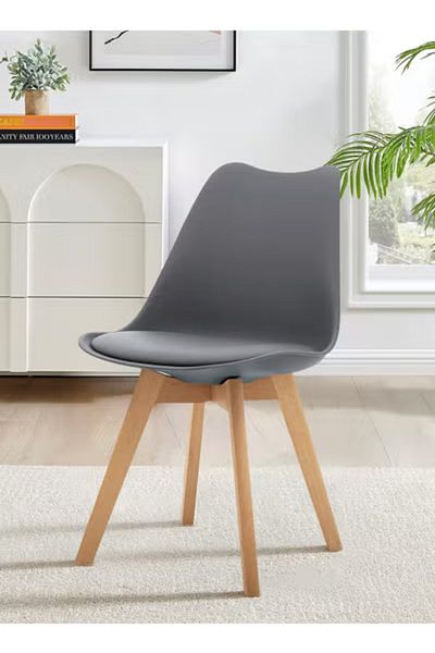 Taimi Mid Century Modern Side Chair , PU Leather Soft Padded Seats and Solid Wood Legs Gray
