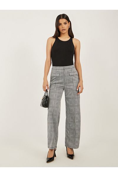 Luxewave By Styli Mid Rise Checked Wide Leg Pants with Flap Detail