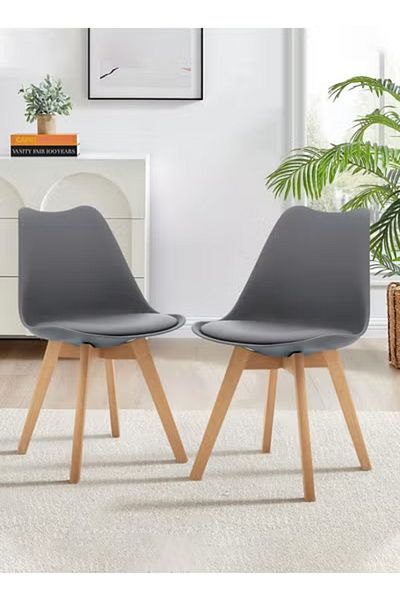 Taimi Pack Of 2 Mid Century Modern Side Chair , PU Leather Soft Padded Seats and Solid Wood Legs Gray