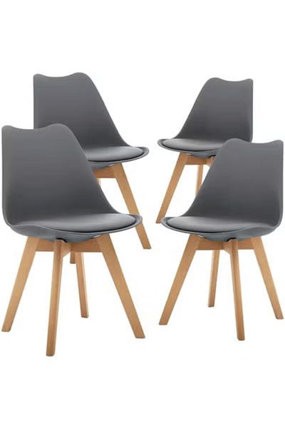 Taimi Pack Of 4 Mid Century Modern Side Chair , PU Leather Soft Padded Seats and Solid Wood Legs Gray