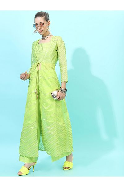 Vishudh By Styli Women Green Printed Kurta Set with Palazzo and Jacket