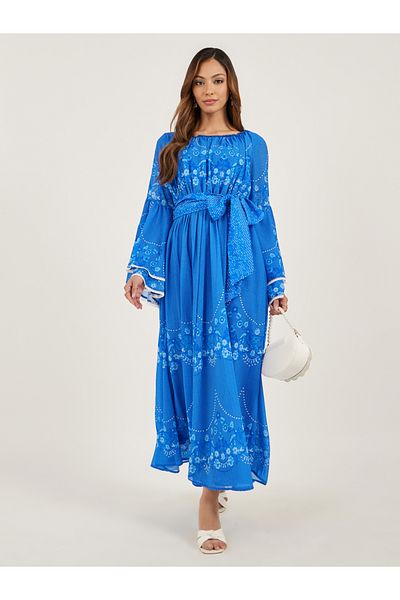 Styli Floral Print Layered Long Sleeves A-Line Maxi Dress