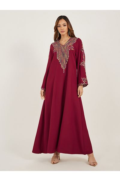 Styli Embroidered V Neck Jalabiya with Rhinestone Detail
