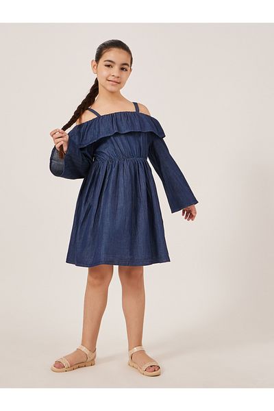 Styli Plain Cold-Shoulder Sleeves Denim Dress