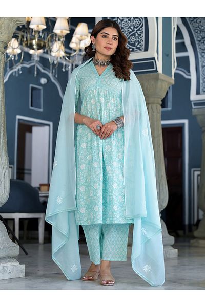 Vishudh By Styli Blue Cotton Floral Printed Kurta Set with Dupatta