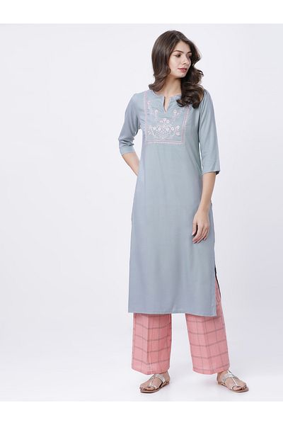 Vishudh By Styli Women Grey Floral Yoke Design Thread Work Kurta