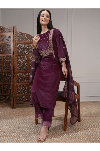 Vishudh By Styli Women Purple Embroidered Kurta Set with Dupatta