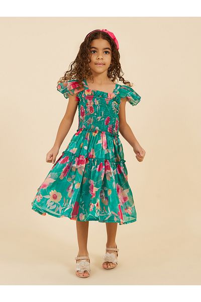 Styli Floral Printed Ruffled Sleeve Organza A-Line Dress